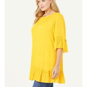 NWOT Woman Within Yellow Crinkle Gauze Ruffle Hem Flounced Tunic Blouse